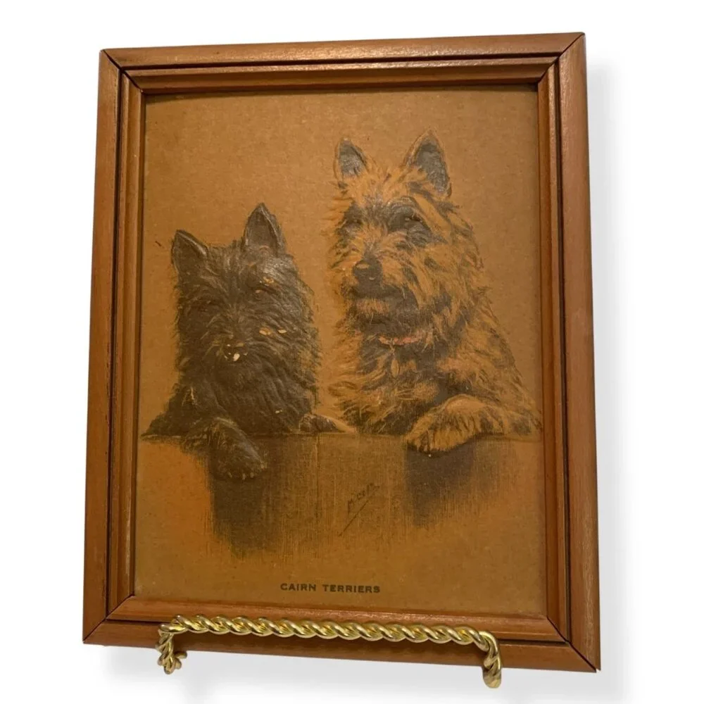 VTG Janice Fleming Cairn Terrier Dogs Framed Print Primitive Wood 5.5